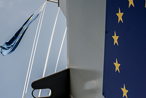 A German Auxiliary Ship Berlin delegation receive first integration briefing on board the EUNAVFOR MED Flagship