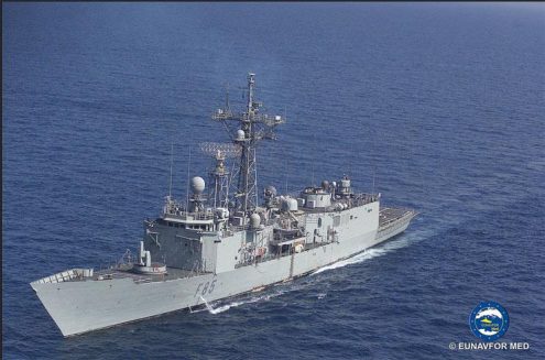 The Spanish frigate Reina Sofia hands over her duties to the Spanish Navarra