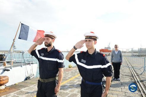 The French ship FS Commandant l’Herminier leaves on her way home